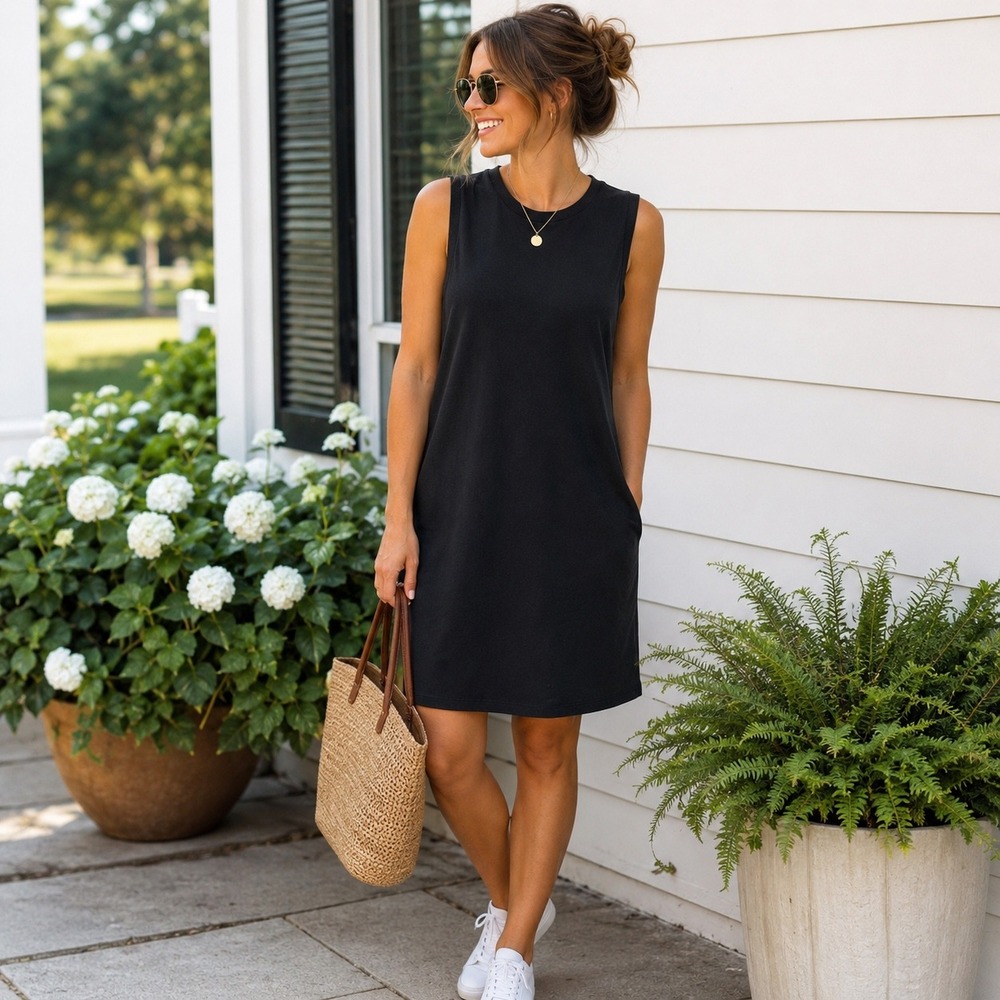 A New Day Sleeveless Knit Shift Dress Black Crew Neck Pockets NWT Casual XL
